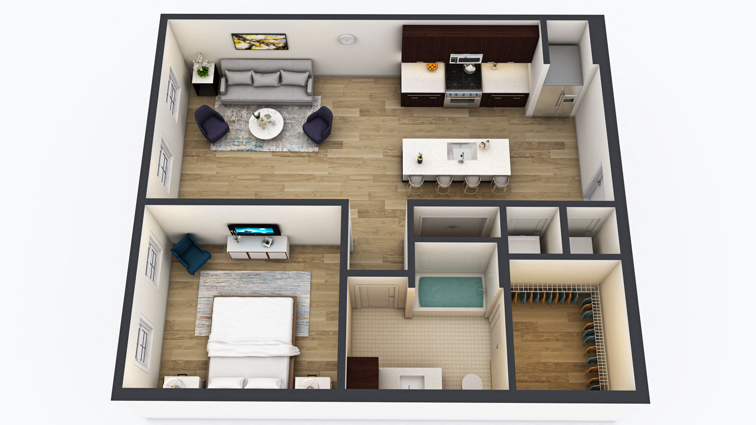 Floor plan for 1 bed, 1 bath, 721 sqft